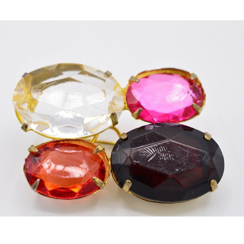 Vintage Prong Crystal Pin Brooch Open Bezel Multi-Color Lucite Gold 1980s Bin4